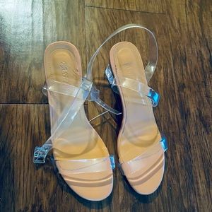 Fashion ~ Clear Sandals with Crisscross Straps at Ankle & Rectangle Block Heel.